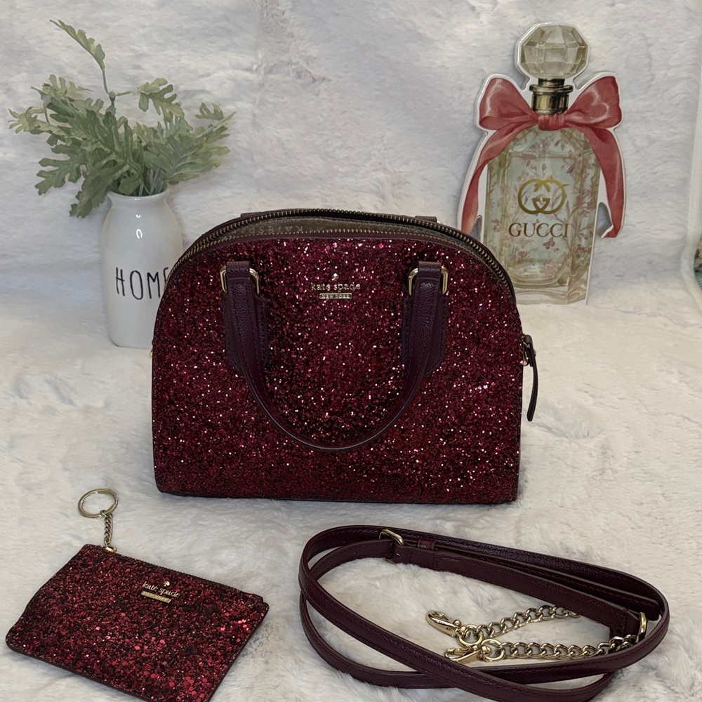 kate spade Burgundy Glitter Dome Satchel with Matching Card Pouch